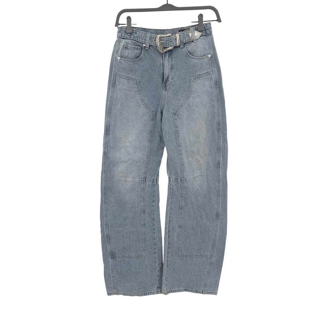 BLANKNYC The Franklin Ribcage Wide Leg Jeans Light Wash Blue Western Belt 26